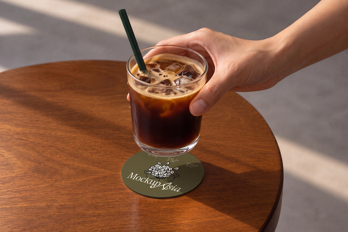 Paper coaster mockup with iced americano and green straw in sunlight