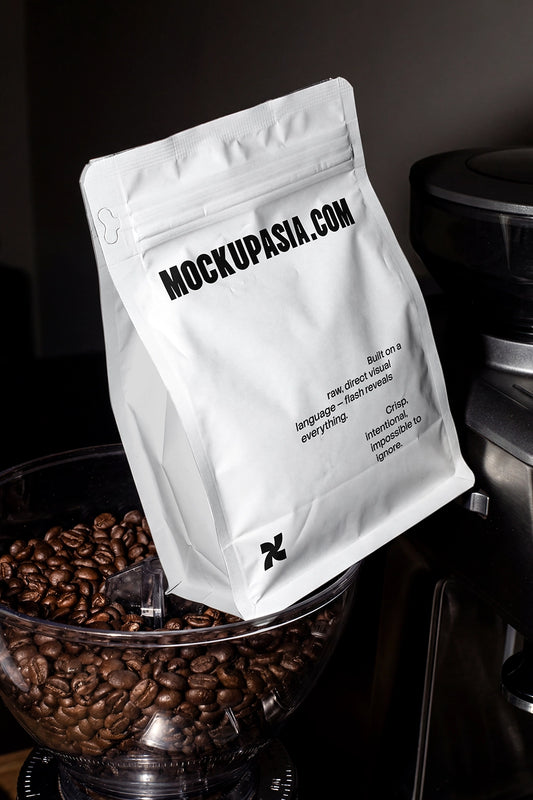 coffee bag mockup stand up pouch with high contrast flash lighting