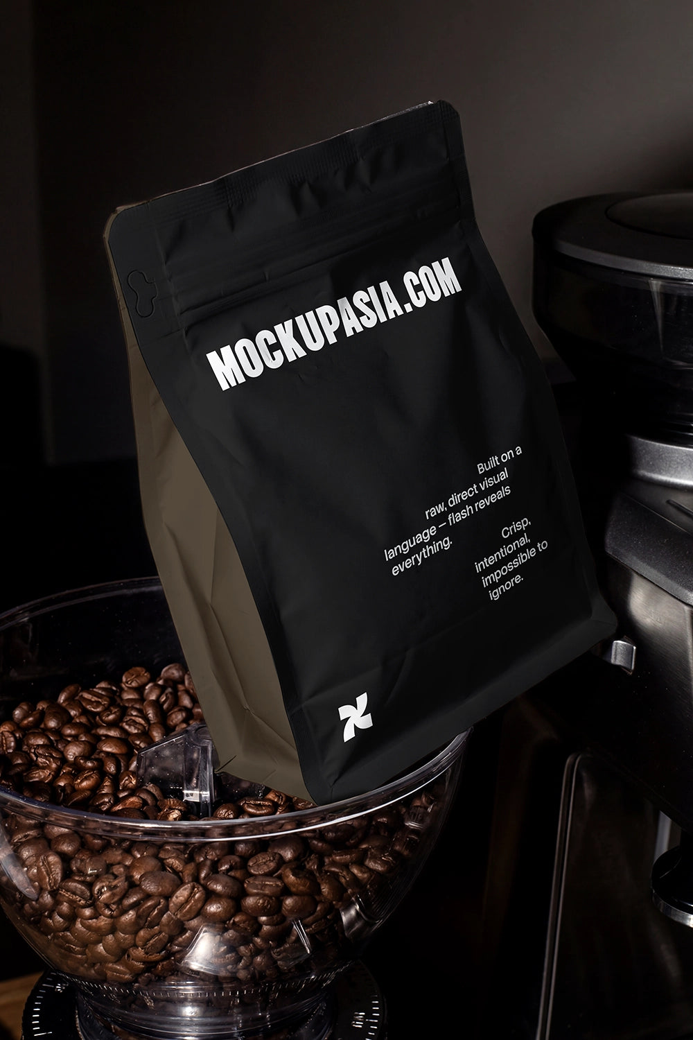 Zip coffee bag mockup featuring a sleek, modern design from Mockup.Asia, showcasing a realistic coffee packaging style.