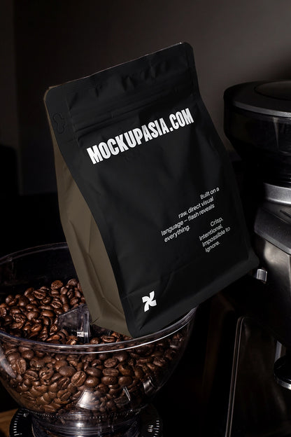 Zip coffee bag mockup featuring a sleek, modern design from Mockup.Asia, showcasing a realistic coffee packaging style.