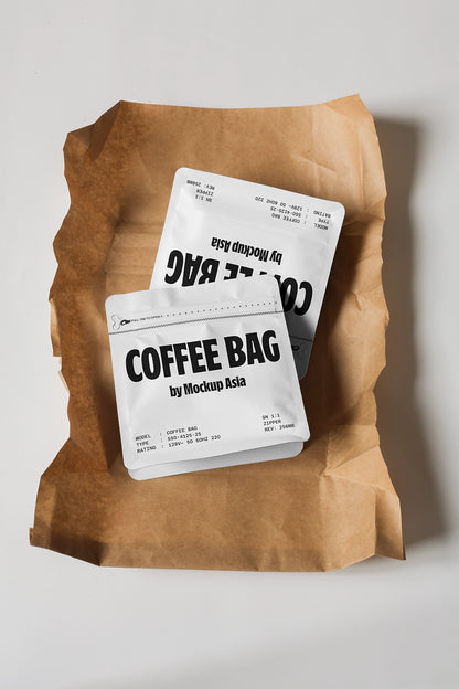 coffee pouch mockup on kraft paper background, minimal flat lay packaging presentation