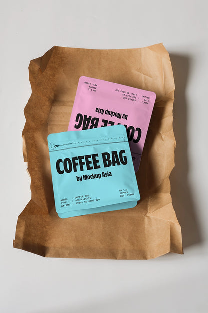 coffee packaging pouch mockup with kraft paper texture, clean flat lay composition