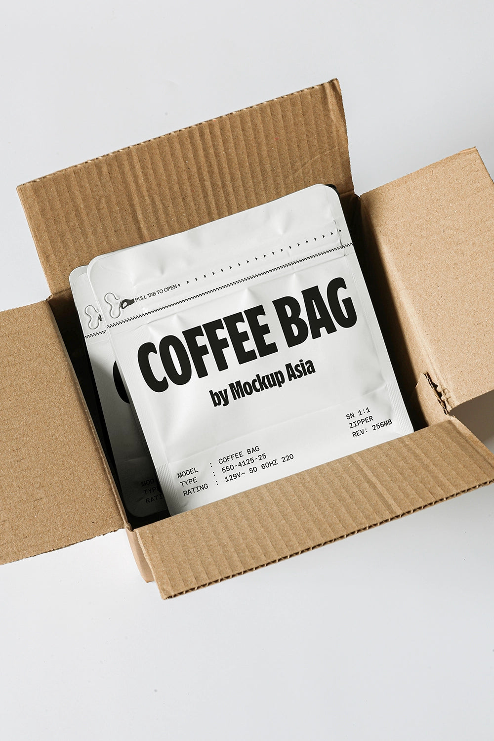 coffee pouch mockup inside cardboard shipping box, unboxing packaging presentation