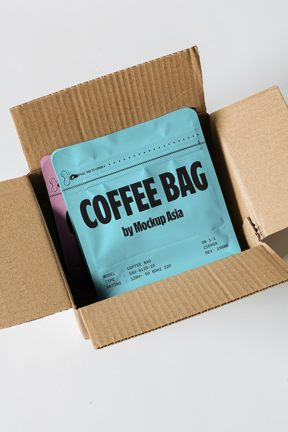 stand up coffee pouch mockup in open box, realistic ecommerce packaging scene