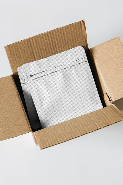 coffee packaging pouch mockup with shipping box, modern product delivery presentation