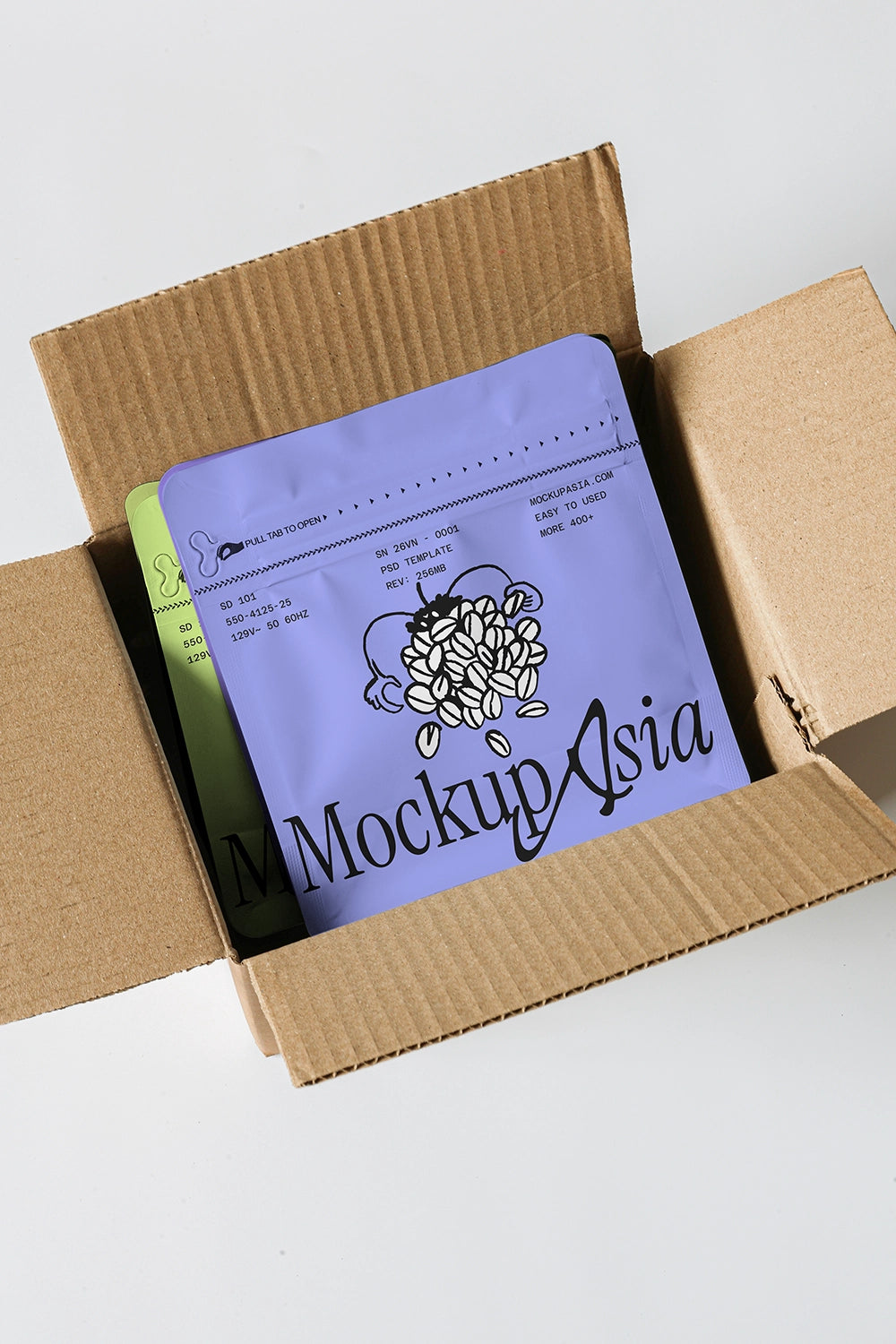 stand up coffee bag mockup inside open carton box, packaging and shipping branding scene