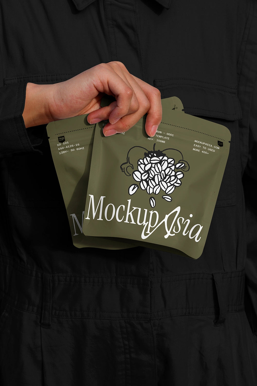 coffee pouch mockup set held in hand packaging, realistic lifestyle branding scene