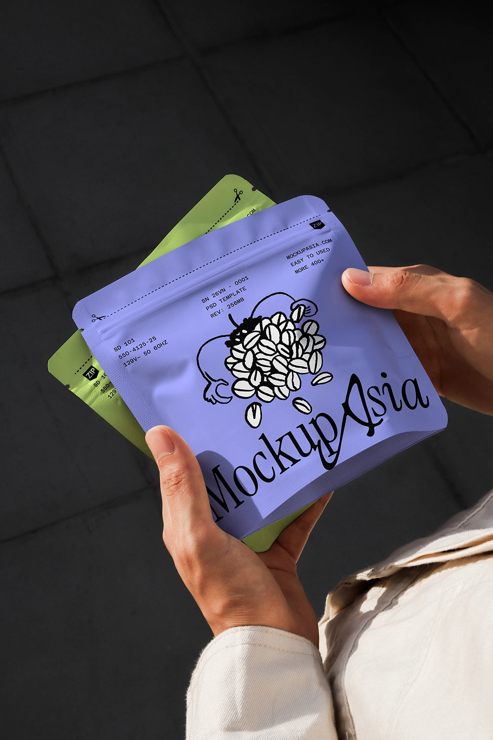 Realistic coffee pouch mockup with zip lock held in hands, professional packaging design for cafe and roastery branding.