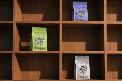 Coffee packaging line mockup three bags retail shelf display
