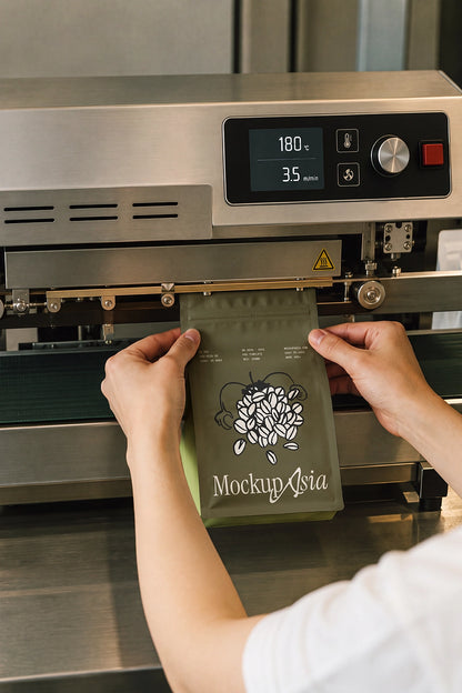 Flat bottom coffee bag mockup hands sealing in stainless steel sealer