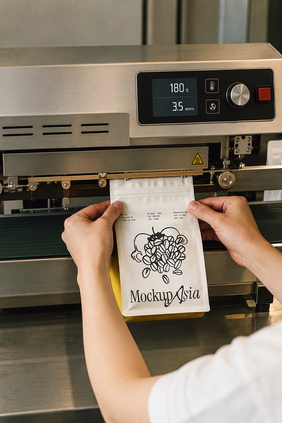 Coffee pouch mockup PSD being heat sealed in roastery machineCoffee pouch mockup PSD being heat sealed in roastery machine