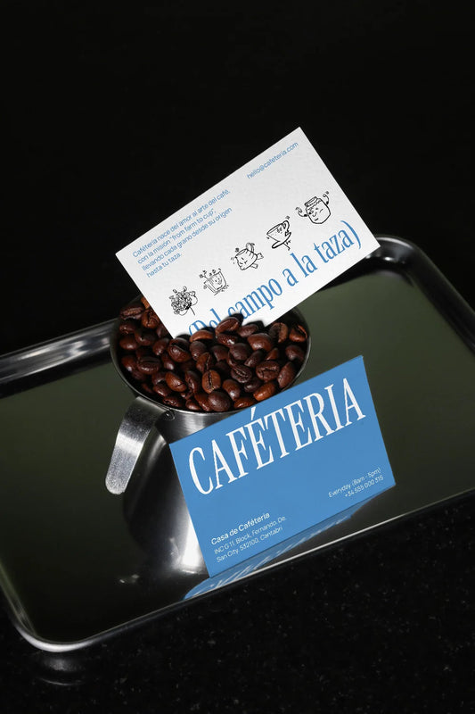 business card mockup on coffee beans with metal tray, cafe branding presentation