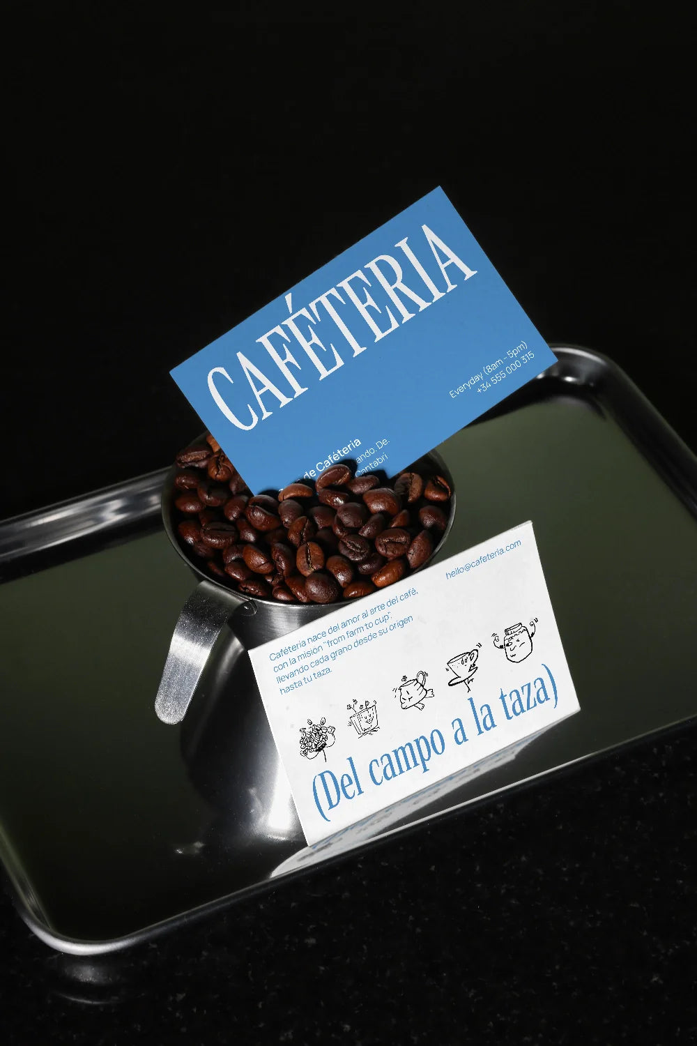 coffee shop business card mockup with beans and scoop, realistic product styling