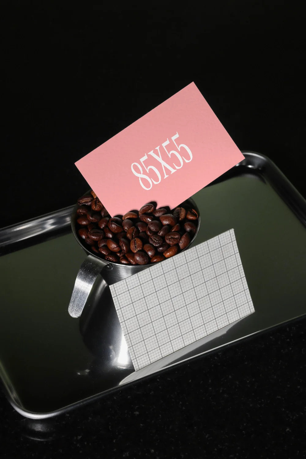 minimal business card mockup placed on coffee beans, food and beverage branding scene