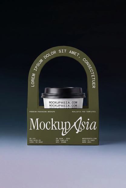 Minimal coffee packaging PSD mockup with paper handle and cup holder design
