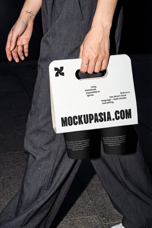 coffee cup carrier mockup takeaway packaging with high contrast flash lighting