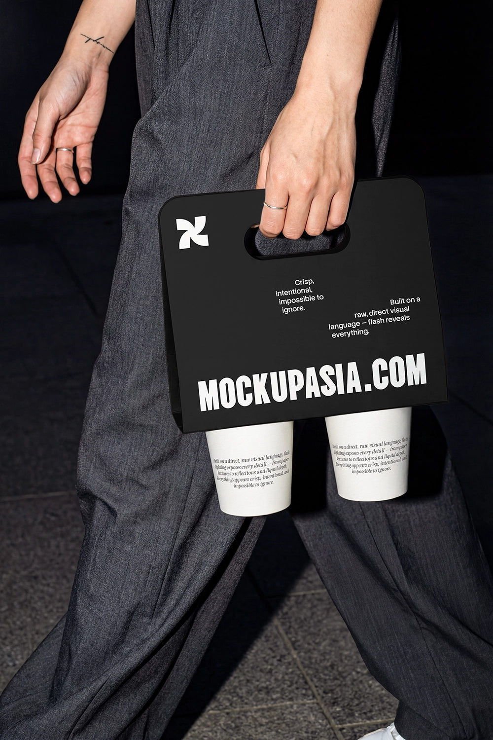 dual coffee cup holder mockup in hand with bold shadows and lifestyle movement