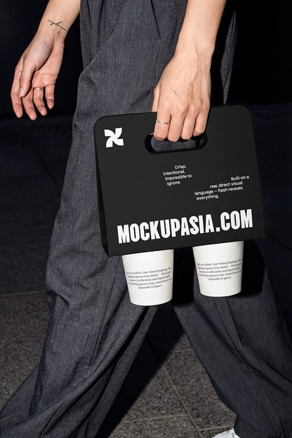 dual coffee cup holder mockup in hand with bold shadows and lifestyle movement