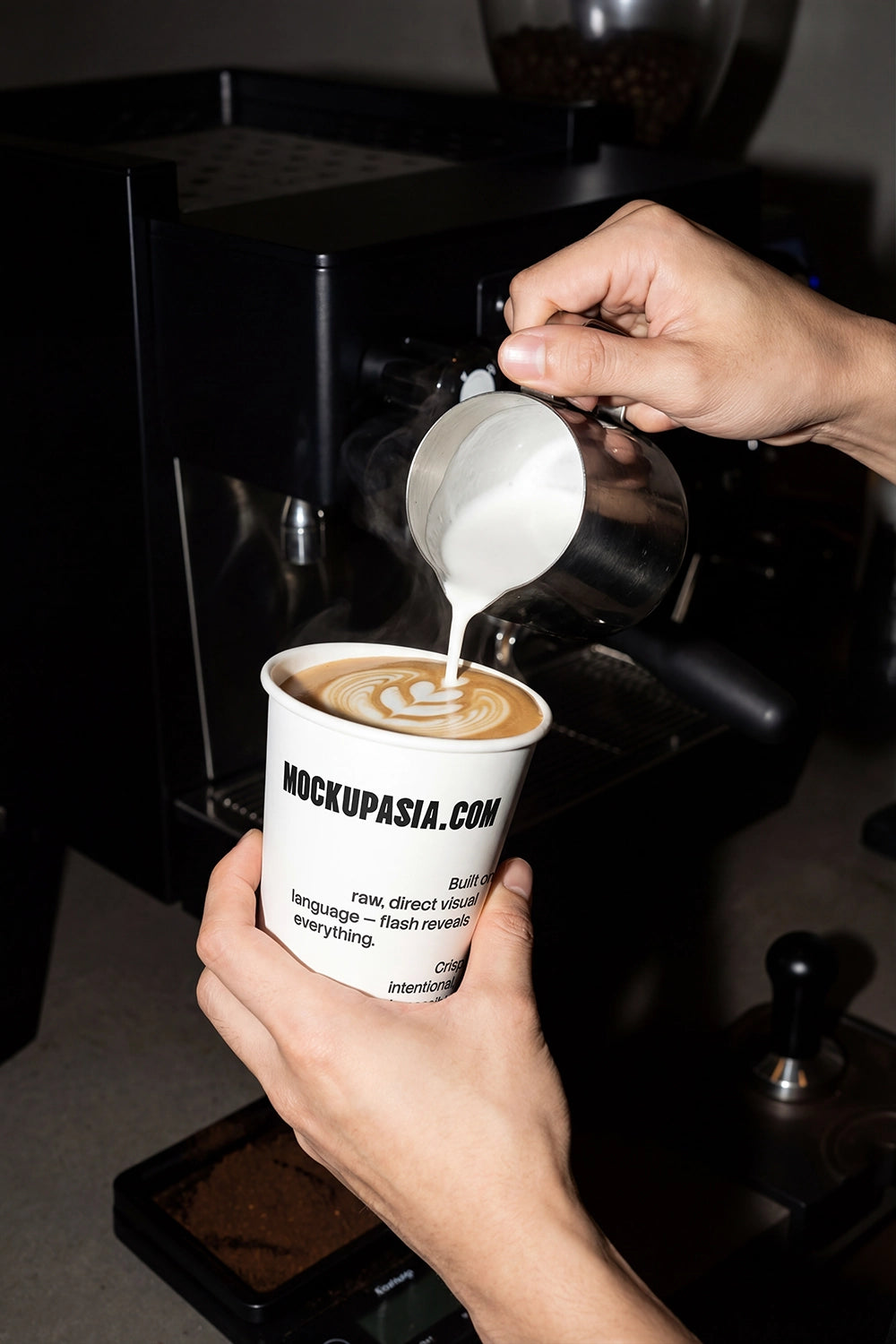 coffee cup mockup with latte art pouring high contrast flash lighting