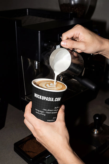 barista pouring milk into coffee cup mockup with bold shadows and realistic cafe scene