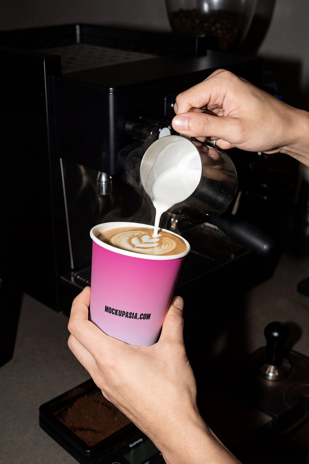 takeaway coffee cup mockup with flash lighting and latte art for cafe branding