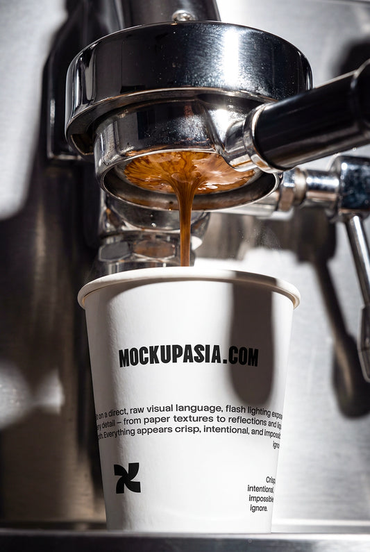 paper coffee cup mockup with espresso pouring high contrast flash lighting