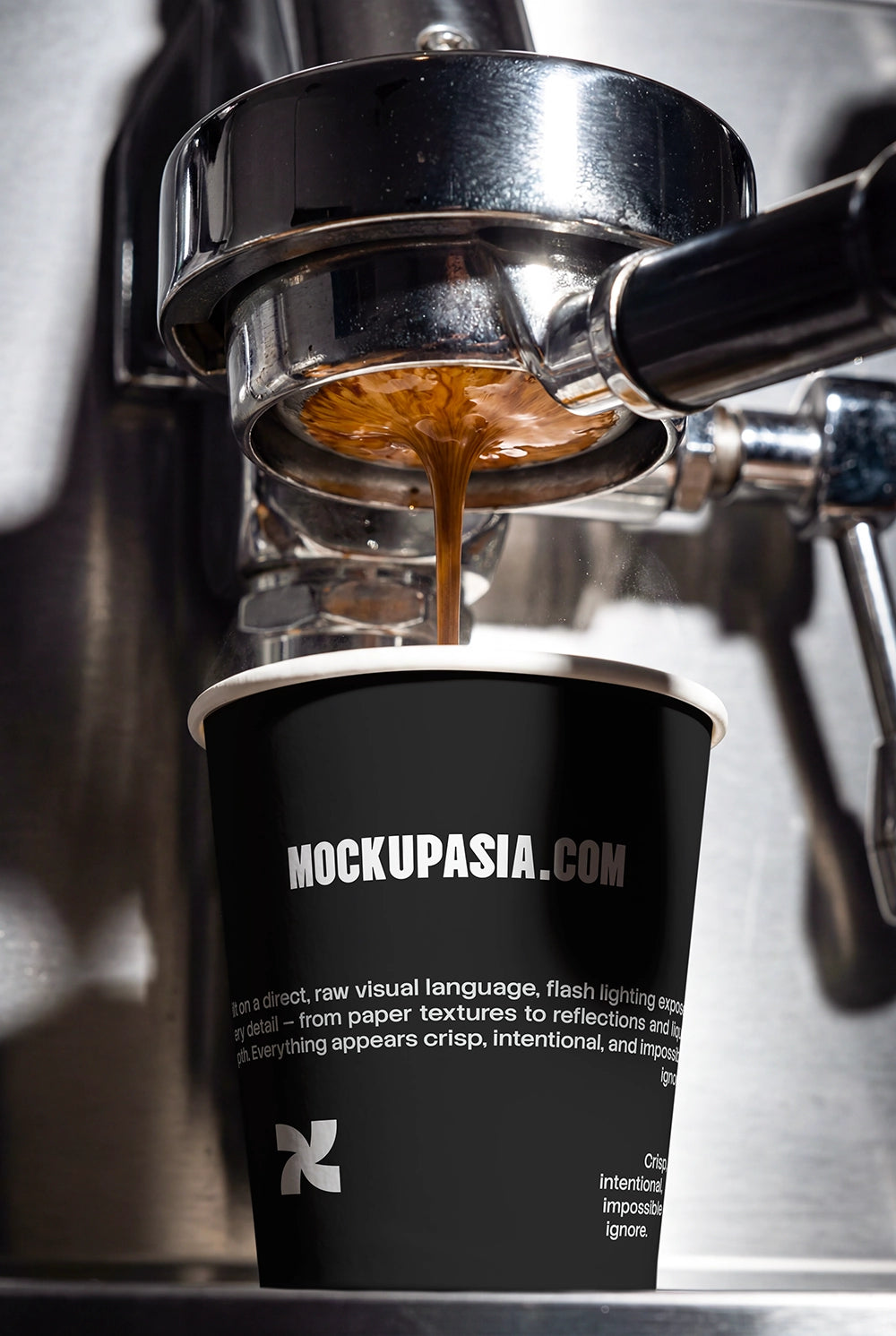 espresso machine close up mockup with takeaway cup and bold reflections