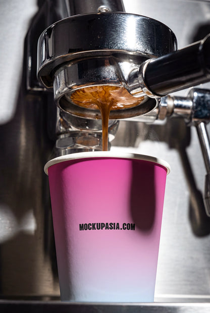 coffee cup branding mockup with espresso extraction and dramatic lighting