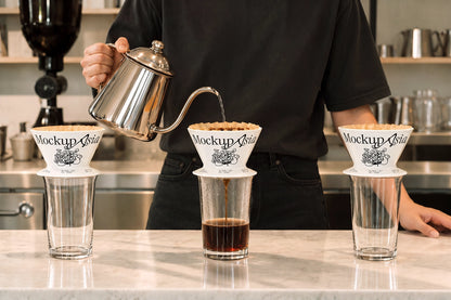 Pour over coffee dripper mockup PSD barista brewing with gooseneck kettle