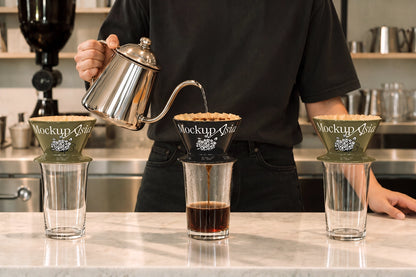 Three ceramic coffee dripper mockups on glasses marble counter