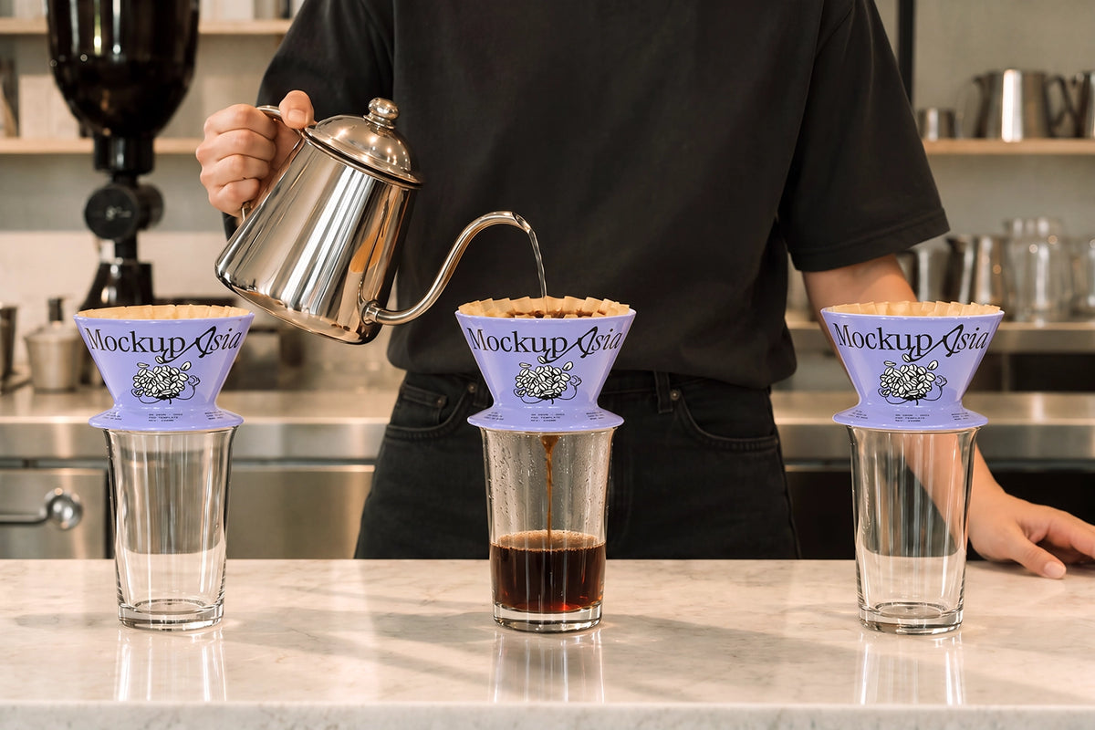Specialty coffee pour over mockup with logo on white dripper