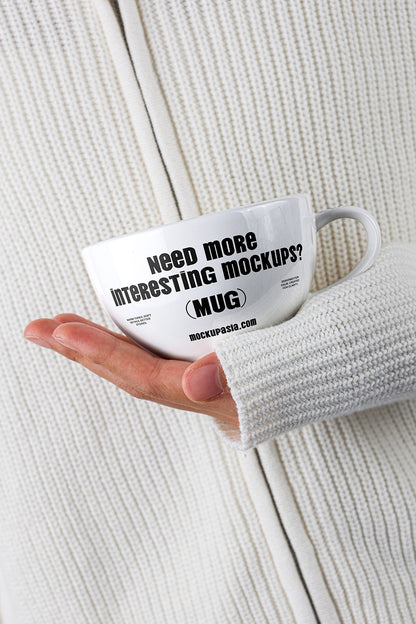 ceramic mug mockup held in hand with minimal design and soft neutral background