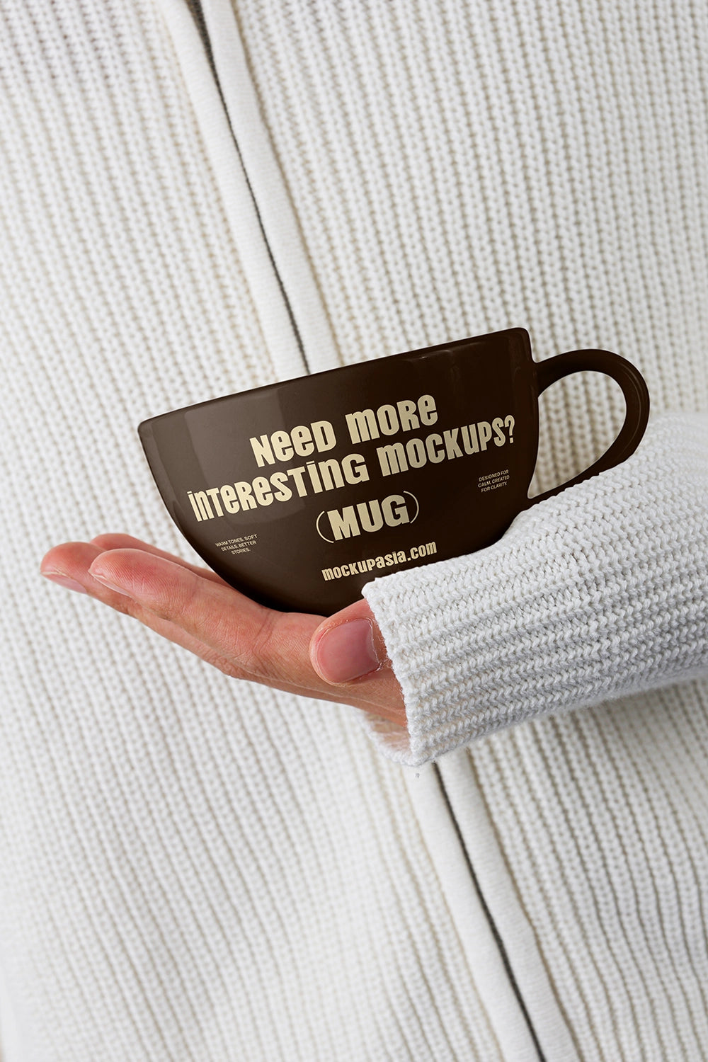 realistic coffee mug mockup with human interaction and clean typography layout