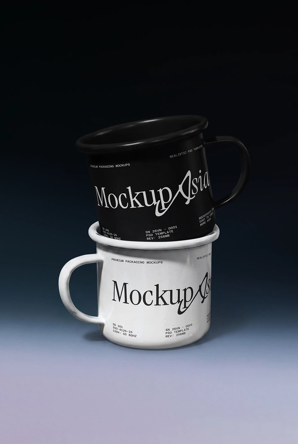 Stacked enamel mug mockup with realistic coffee branding presentation