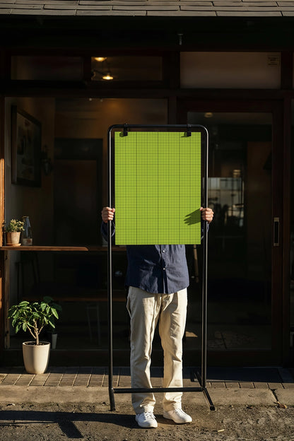 portable sidewalk poster mockup for coffee shop with person holding sign and warm lighting