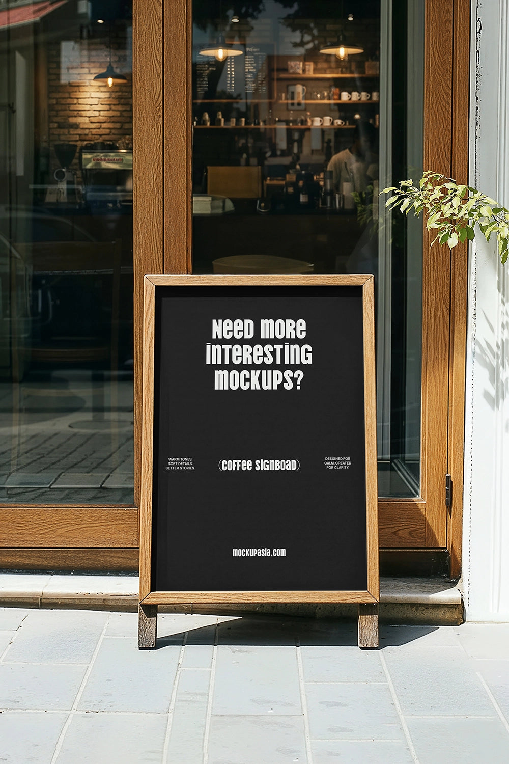 realistic coffee shop signboard mockup with wooden frame and natural sunlight