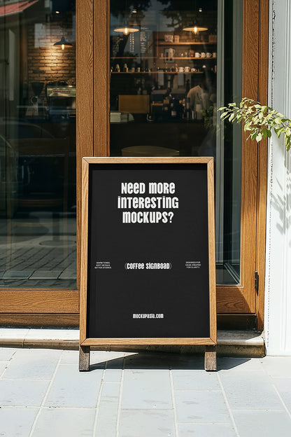 realistic coffee shop signboard mockup with wooden frame and natural sunlight