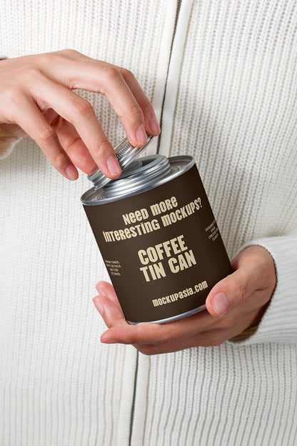 coffee packaging tin mockup with hand opening lid, minimal lifestyle product presentation