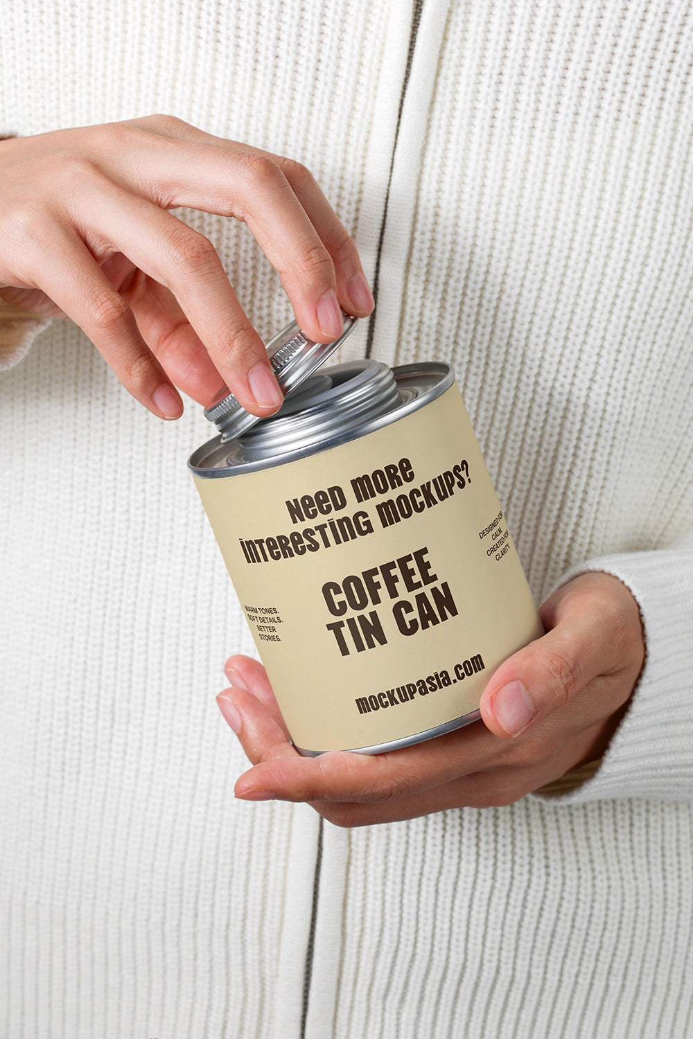 metal coffee tin can mockup with lid interaction, clean and modern branding setup