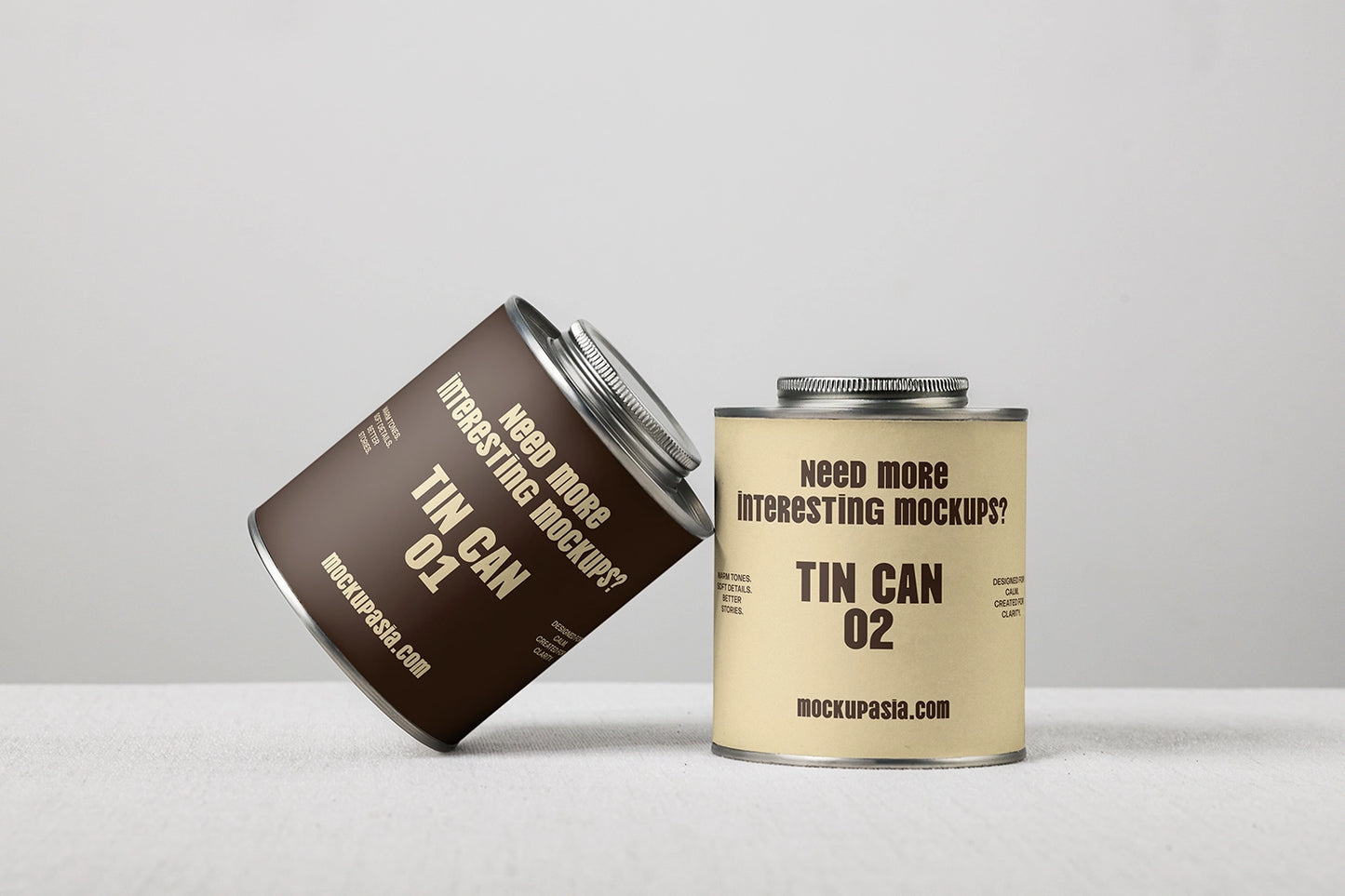 metal tin can packaging mockup with two products, modern branding display setup