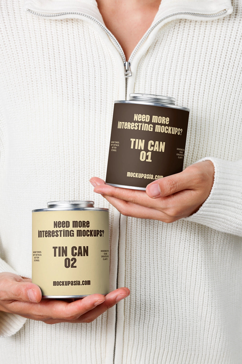 metal tin can packaging mockup with two containers in hands, realistic branding scene