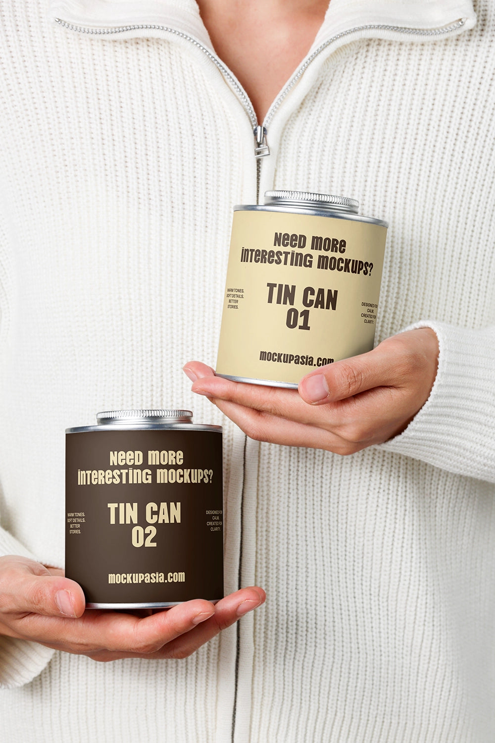 tin can mockup duo held by person, clean and modern product display setup