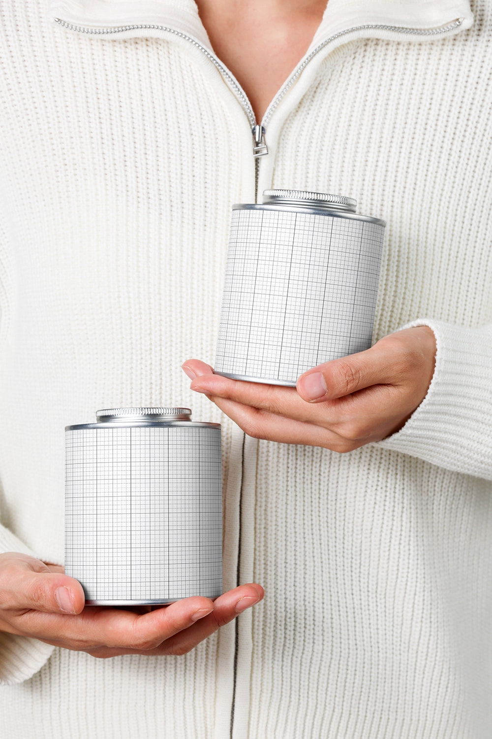 packaging tin can mockup set with hand interaction and soft texture background