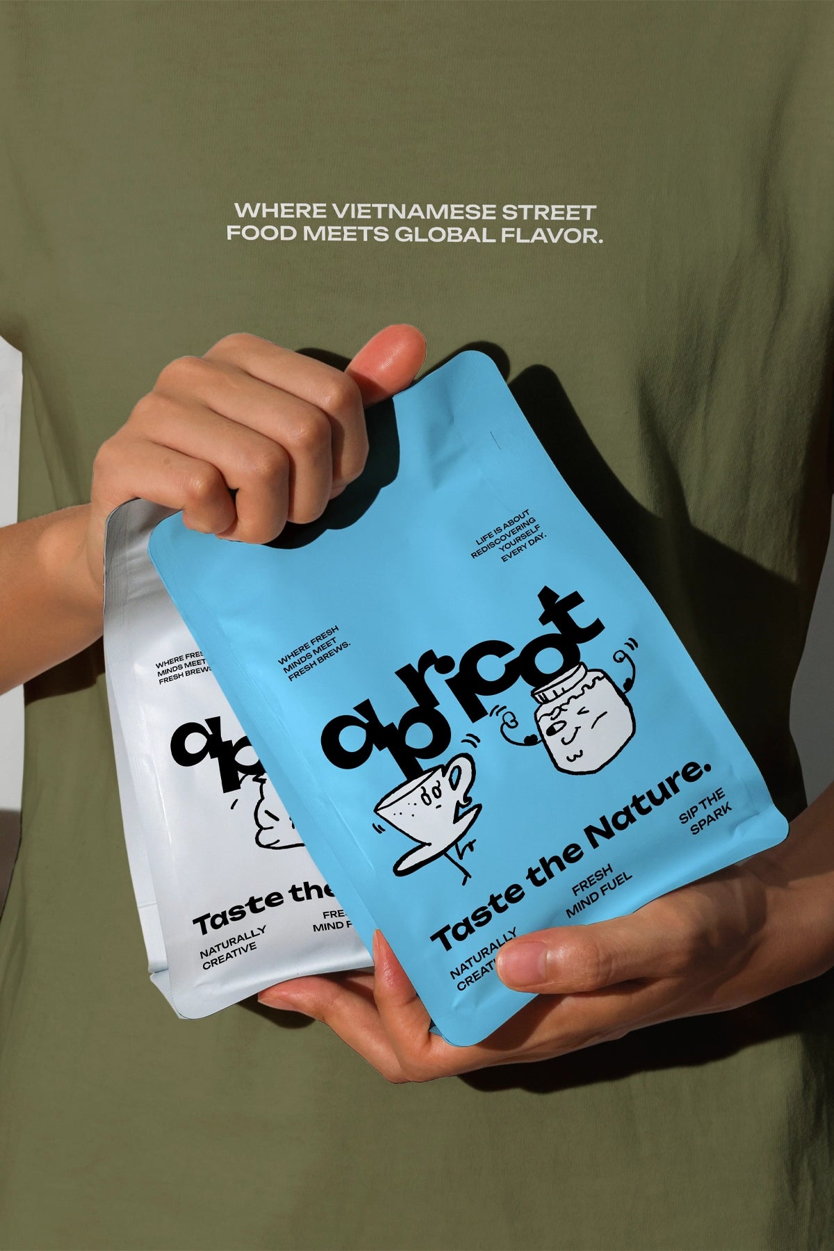 stand up pouch mockup with coffee branding held by person, realistic lifestyle scene