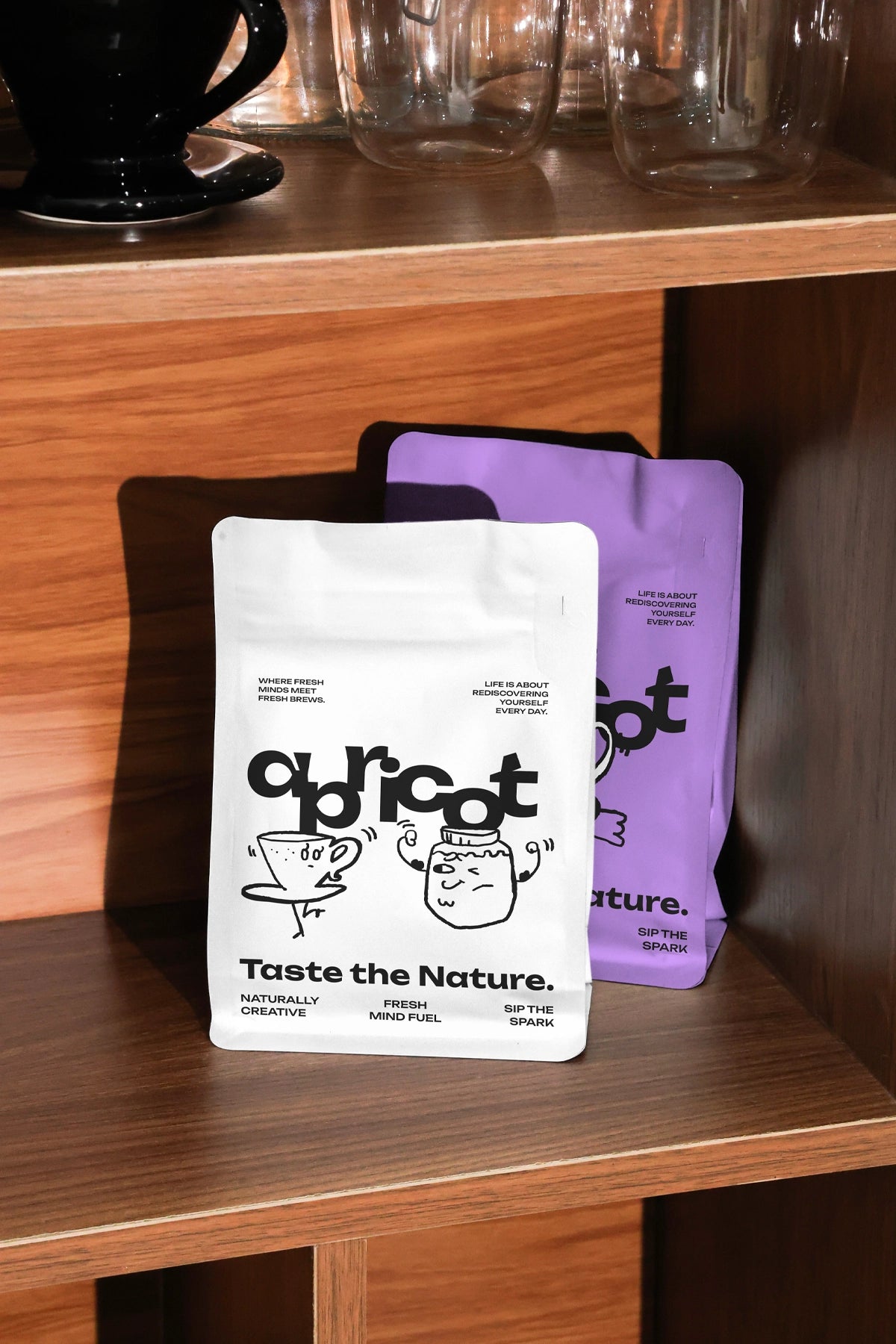 coffee pouch mockup on wooden shelf with natural sunlight, realistic packaging branding scene