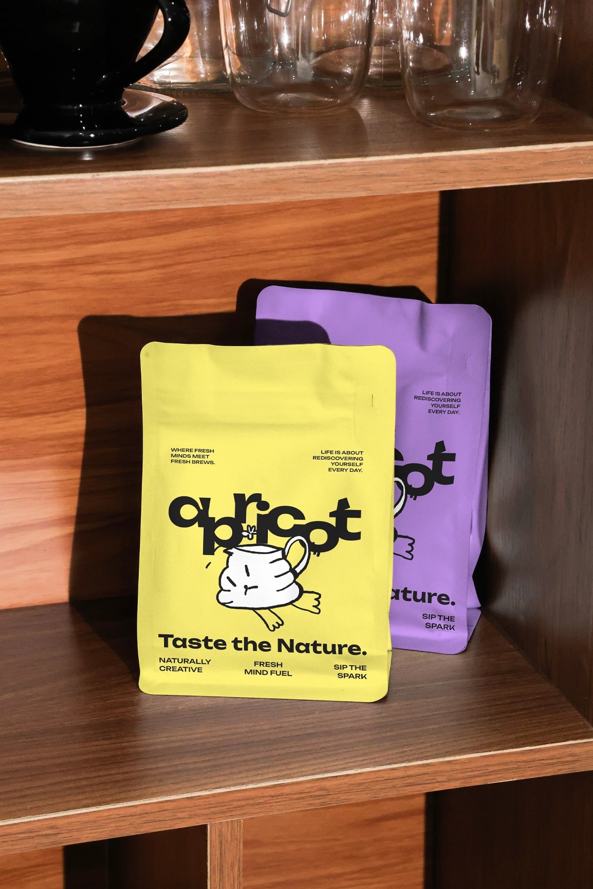stand up pouch mockup displayed on wooden shelf with shadow, minimal coffee branding setup