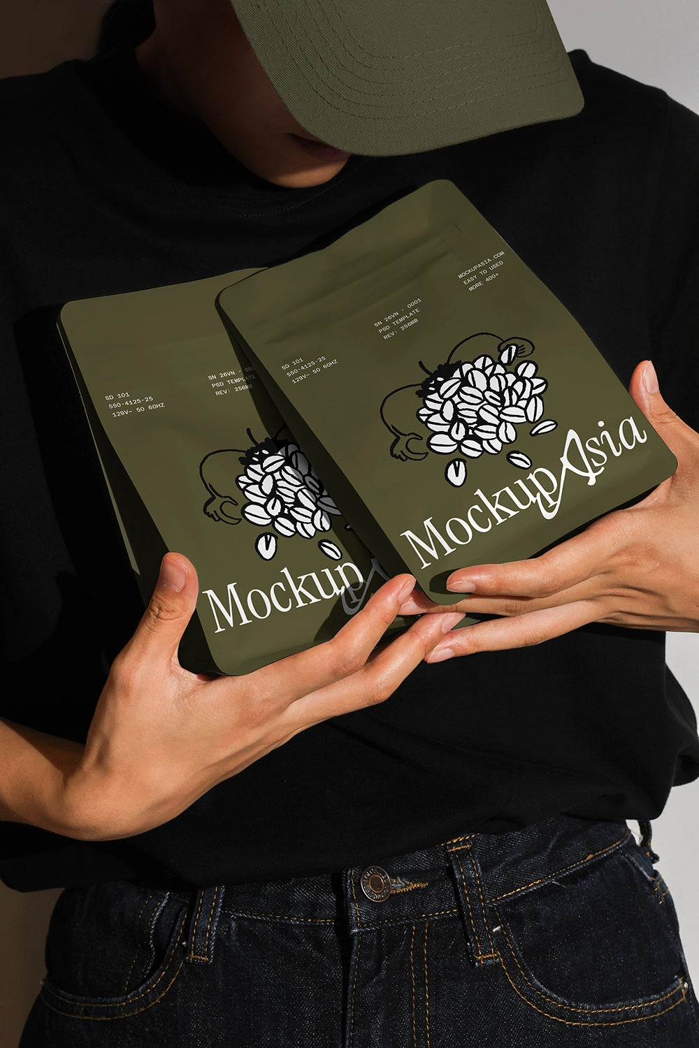 coffee pouch mockup set held in hands with minimal packaging design, realistic lifestyle presentation