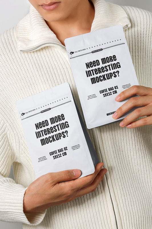 coffee bag mockup held in hands with two packaging variants and minimal design