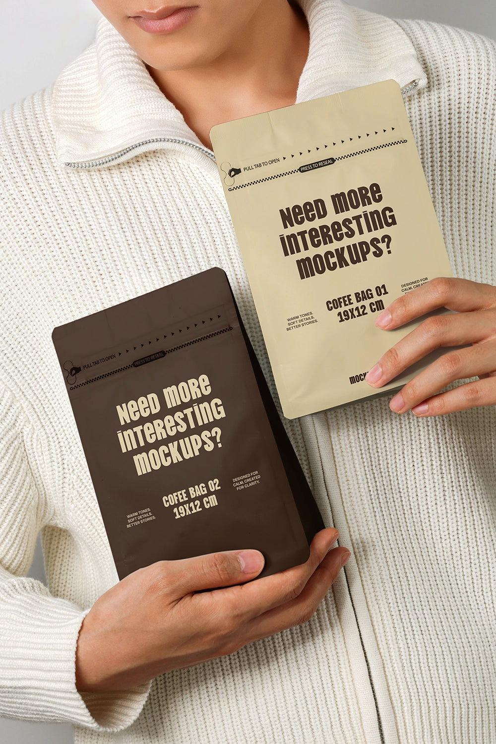 realistic stand up pouch mockup with zipper seal and lifestyle presentation