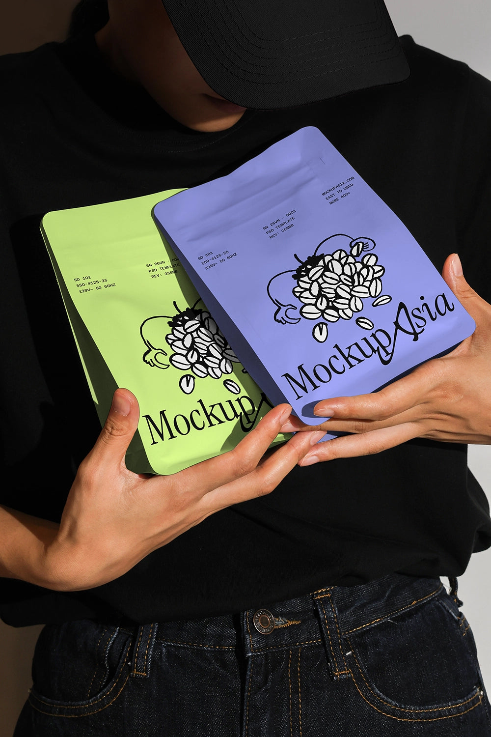 stand up coffee bag mockup duo with hand interaction, modern branding and strong shadows